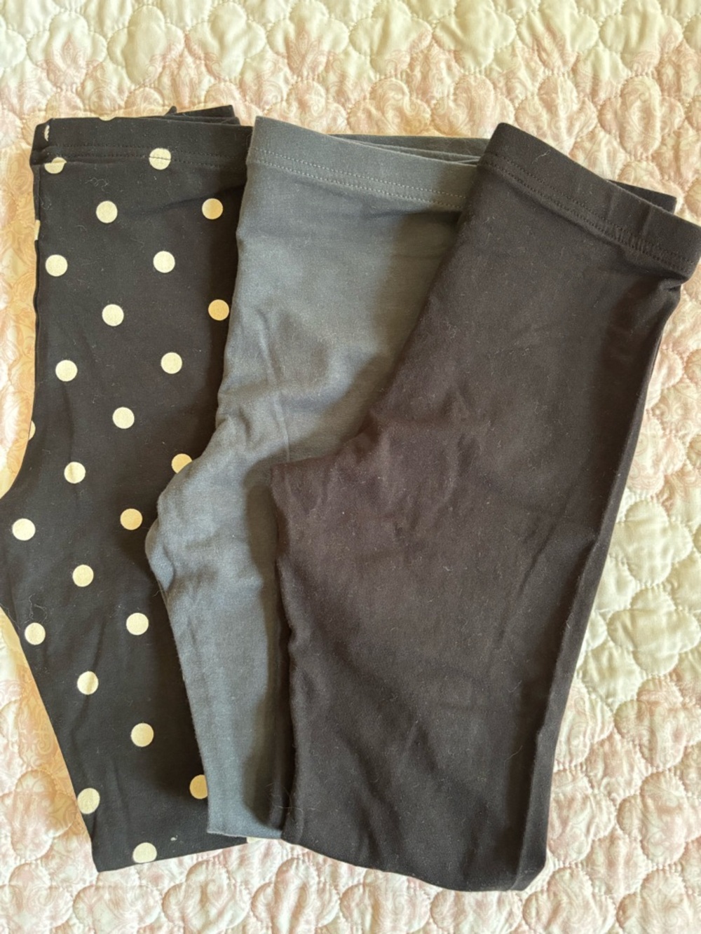Old Navy Girls' Three-Pack Leggings in Black Polka Dot, Gray, and Black